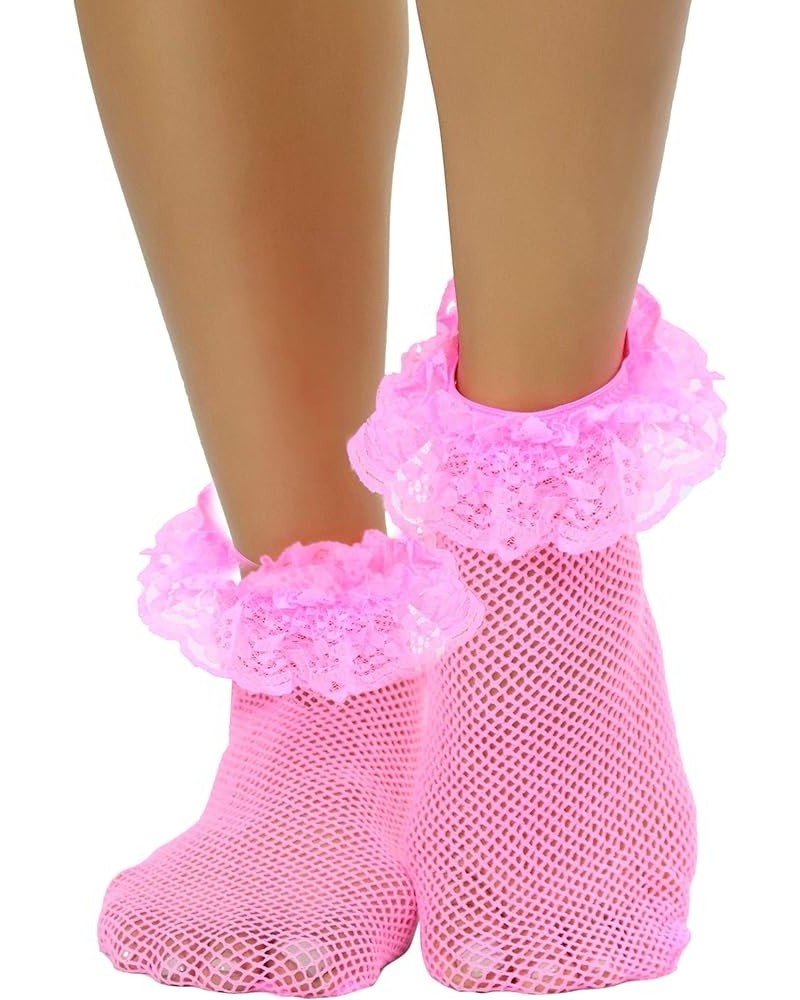 Women's Fishnet Ankle Socks With Ruffle Trim Neonpink $9.15 Anklets