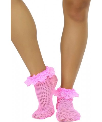 Women's Fishnet Ankle Socks With Ruffle Trim Neonpink $9.15 Anklets