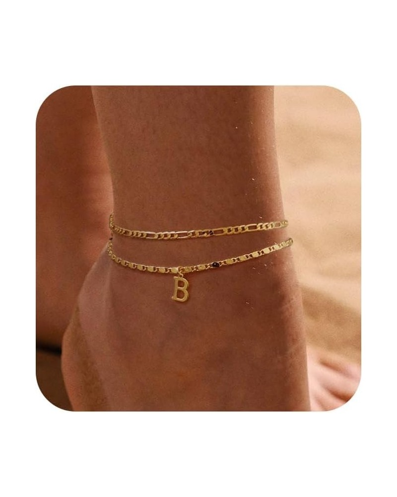 Initial Ankle Bracelets for Women，Layered Waterproof Anklet for Women 14K Gold Filled Anklets Layering Thin Figaro Letter Ank...