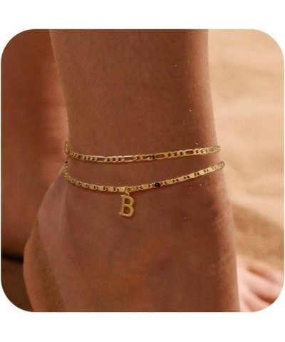 Initial Ankle Bracelets for Women，Layered Waterproof Anklet for Women 14K Gold Filled Anklets Layering Thin Figaro Letter Ank...