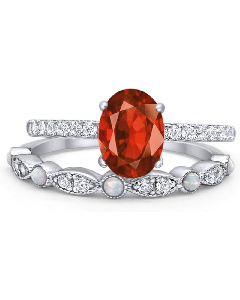 Two Piece Oval Art Deco Bridal Set Wedding Engagement Ring Band 925 Sterling Silver Simulated Garnet CZ $17.28 Sets