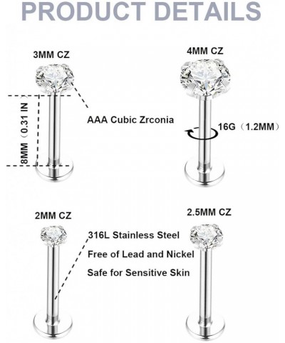 8PCS 316L Stainless Steel 16G 18G 20G Threadless Labret Monroe Lip Rings Cartilage Helix Tragus Earrings Stud CZ Push in Nose...