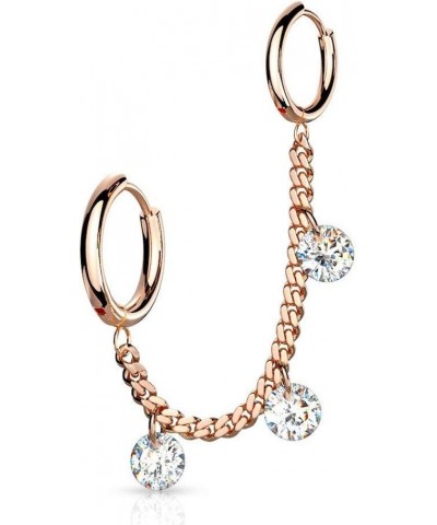 3 CZ Dangles Chain Linked Round Clicker Ear Hoops Surgical Steel Rose Gold/Clear $10.44 Earrings