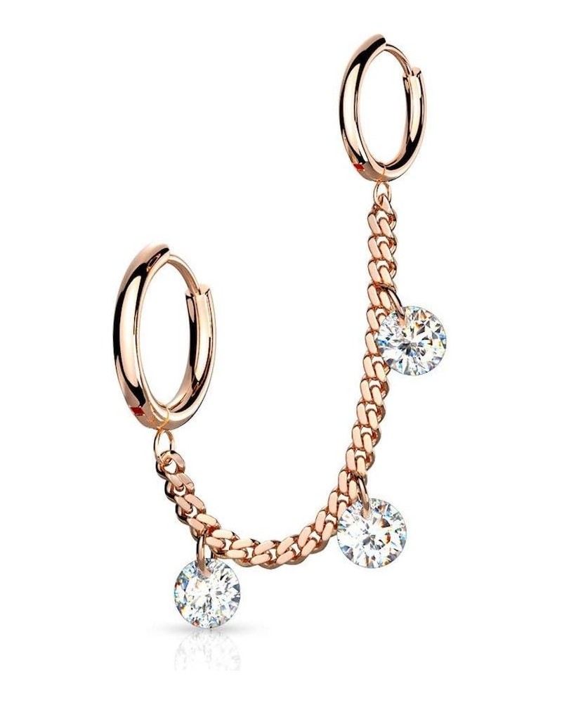 3 CZ Dangles Chain Linked Round Clicker Ear Hoops Surgical Steel Rose Gold/Clear $10.44 Earrings