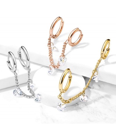 3 CZ Dangles Chain Linked Round Clicker Ear Hoops Surgical Steel Rose Gold/Clear $10.44 Earrings