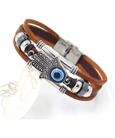 Leather Evil Eye Bracelet Wristband Vintage Three-Row Leather Hamsa Hand Blue Eyes Bracelet Retro Multi-Layer Rope Wrap Brace...