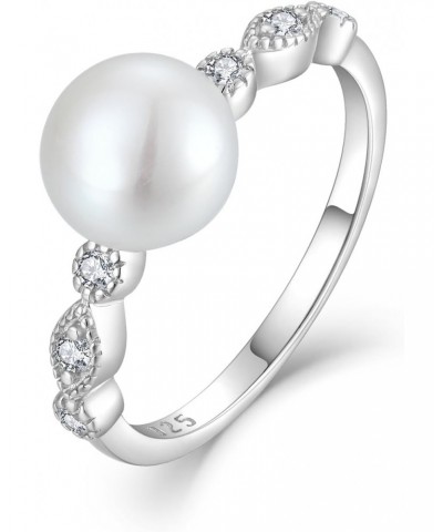 Pearl Ring for Women, 925 Sterling Silver Women's Cubic Zirconia Rings with 8mm White Freshwater Cultured Pearl, Wedding Jewe...