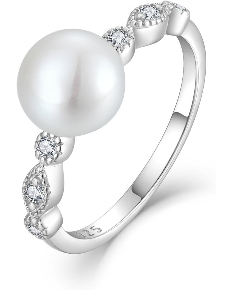 Pearl Ring for Women, 925 Sterling Silver Women's Cubic Zirconia Rings with 8mm White Freshwater Cultured Pearl, Wedding Jewe...