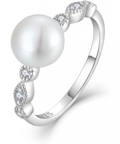 Pearl Ring for Women, 925 Sterling Silver Women's Cubic Zirconia Rings with 8mm White Freshwater Cultured Pearl, Wedding Jewe...