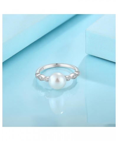 Pearl Ring for Women, 925 Sterling Silver Women's Cubic Zirconia Rings with 8mm White Freshwater Cultured Pearl, Wedding Jewe...