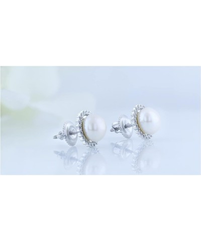 Round 7mm Freshwater Cultured Pearl with 0.19 CT White Diamond Halo Style Screwback & Pushback Stud Earrings for Women 10K Wh...