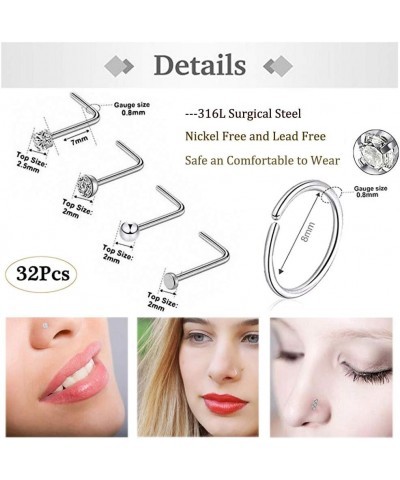 32Pcs C-Shaped Nose Ring L-Shaped Nose Studs Bone Tragus Cartilage Hoop Rings Piercings 20g for Men Women L-Shape & C-Shape, ...