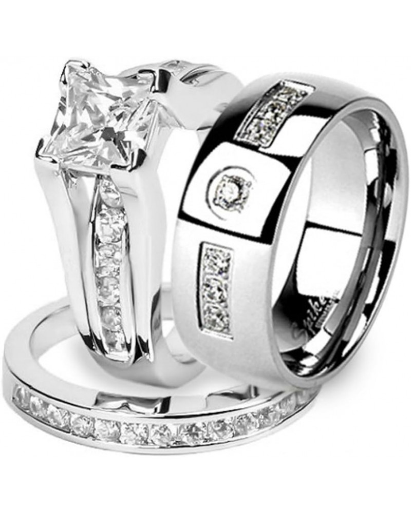 His and Hers Stainless Steel Princess Wedding Ring Set and Zirconia Wedding Band Women's Size 05 Men's 06mm Size 08 $22.07 Sets