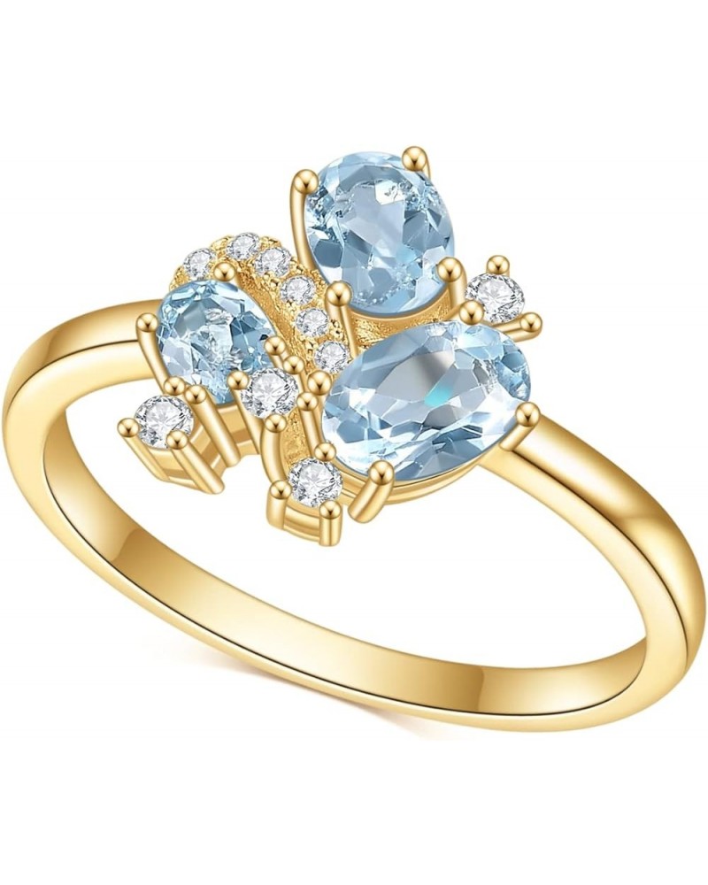 Sky Blue Topaz Rings 925 Sterling Silver Gold Plated Rings Oval Cut Unique Three-Stone Handmade Ring Jewelry For Women Girls(...