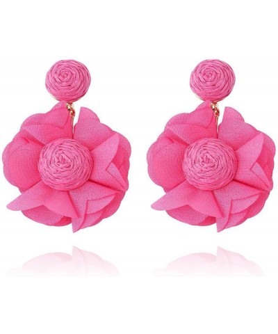 Boho Rattan Lafite Woven Flower Fabric Statement Drop Dangle Earrings For Women Girls Holiday Jewelry hot pink $7.14 Earrings