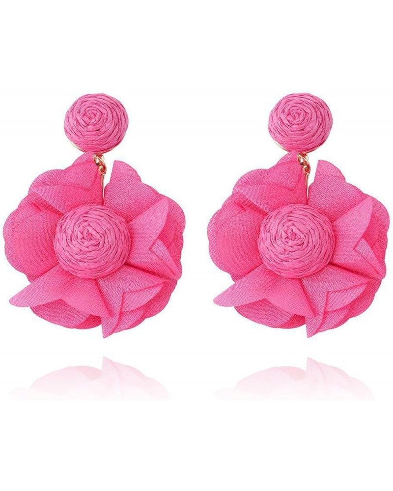 Boho Rattan Lafite Woven Flower Fabric Statement Drop Dangle Earrings For Women Girls Holiday Jewelry hot pink $7.14 Earrings