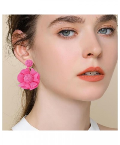 Boho Rattan Lafite Woven Flower Fabric Statement Drop Dangle Earrings For Women Girls Holiday Jewelry hot pink $7.14 Earrings