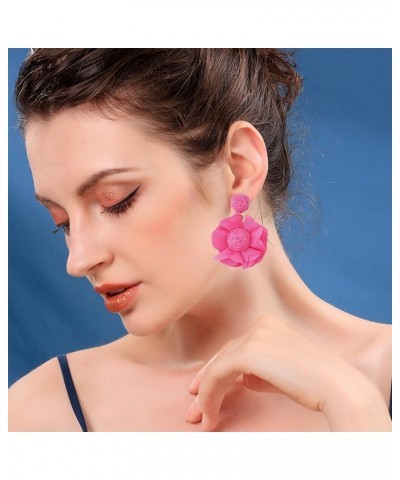 Boho Rattan Lafite Woven Flower Fabric Statement Drop Dangle Earrings For Women Girls Holiday Jewelry hot pink $7.14 Earrings