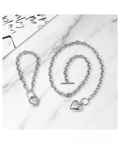 Women Stainless Steel Multilayer Necklace Heart Pendant Dog Tag Pendant Chunky Cuban Chain Link Toggle Clasp Necklace Big Hea...