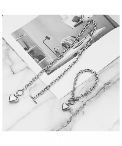 Women Stainless Steel Multilayer Necklace Heart Pendant Dog Tag Pendant Chunky Cuban Chain Link Toggle Clasp Necklace Big Hea...