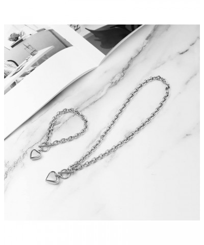 Women Stainless Steel Multilayer Necklace Heart Pendant Dog Tag Pendant Chunky Cuban Chain Link Toggle Clasp Necklace Big Hea...