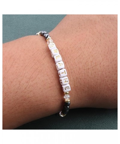 Natural Stone Bead Motivational Bracelet for Women, Micro Faceted Round Crystal Beads Breathe Letter Bracelet, Gemstone Beads...