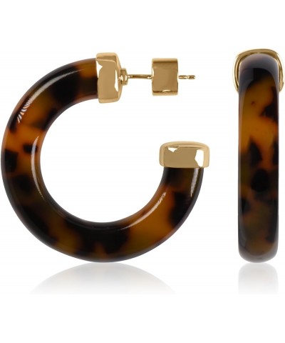 Yellow Gold Plated Sterling Silver Color Resin Chunky Open Hoop Earrings for Women 37.5MM (1.48") Diameter Brown - Tortoise (...