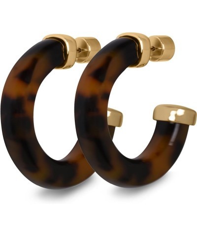 Yellow Gold Plated Sterling Silver Color Resin Chunky Open Hoop Earrings for Women 37.5MM (1.48") Diameter Brown - Tortoise (...