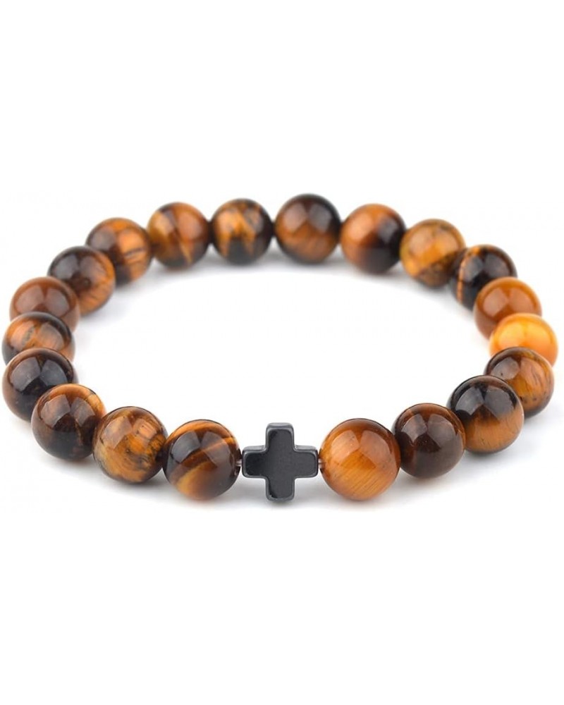 Christian Prayer Beads on Elastic Bracelet – Beautiful 8MM Tiger Eye Beads + Wooden Cross – 22 Bead Bracelet or 33 Bead Pocke...