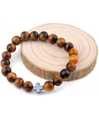 Christian Prayer Beads on Elastic Bracelet – Beautiful 8MM Tiger Eye Beads + Wooden Cross – 22 Bead Bracelet or 33 Bead Pocke...