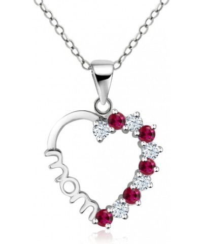 925 Sterling Silver Created White Sapphire Created Ruby Heart MOM Pendant Necklace with 18 Inch Silver Chain $12.25 Necklaces