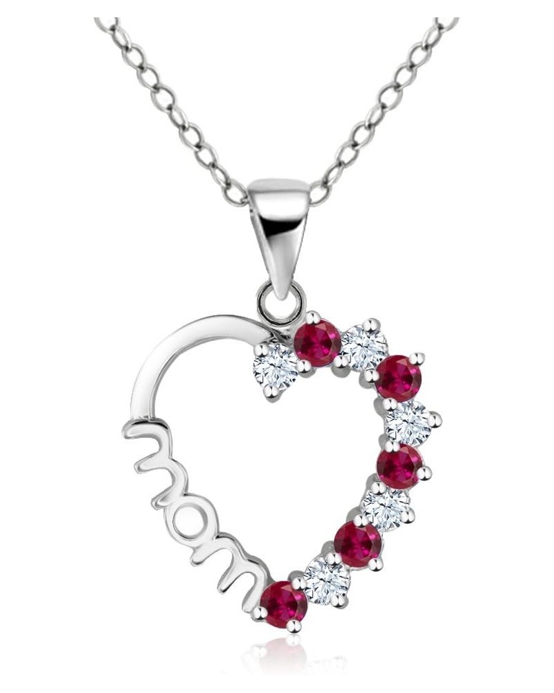 925 Sterling Silver Created White Sapphire Created Ruby Heart MOM Pendant Necklace with 18 Inch Silver Chain $12.25 Necklaces