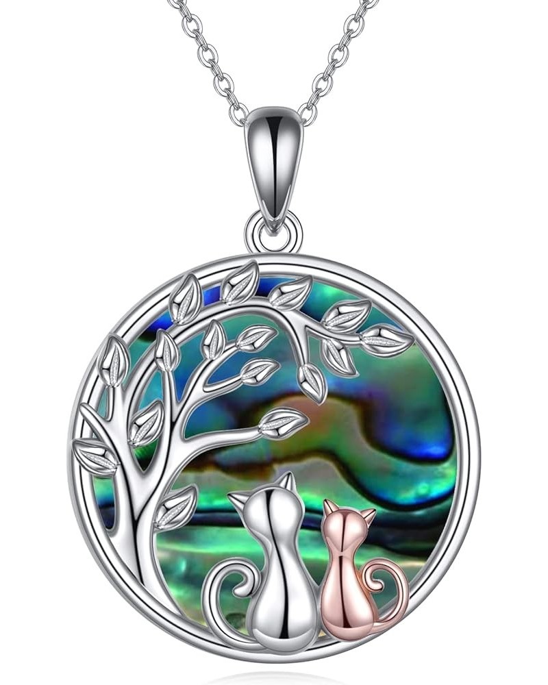 Celtic Moon Black Cat Necklace for Women Abalone Tree of life Necklace Sterling Silver 2 Cat Jewelry for Women Gifts for Cat ...