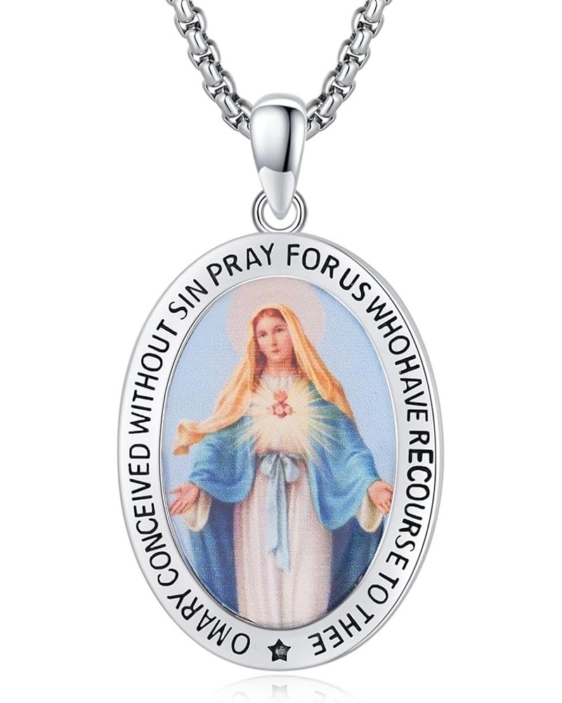 Oval Our Lady of Guadalupe/Guardian Angel Necklace for Women Men 925 Sterling Silver Catholic Virgin Mary Pendant Necklace/Br...