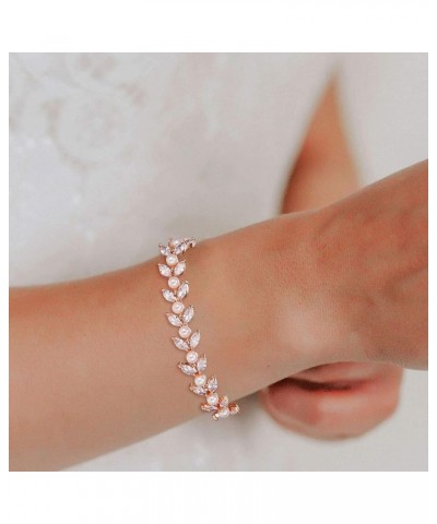 Simulate Pearl Cubic Zirconia Bridal Wedding Bracelets for Brides Bridesmaids, Marquise Elegant Link Bracelet for Women Party...