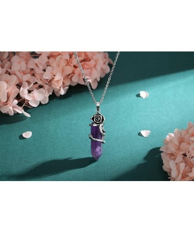 Flower Wrapped Crystal Point Pendant Necklace Reiki Healing Crystals Stone Necklaces Gemstone Quartz Jewelry for Women Purple...