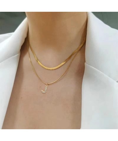 Initial Necklaces for Women Girls, 18k Gold Plated Herringbone Necklace for Women with Cubic Zirconia Initial Pendant, Layere...