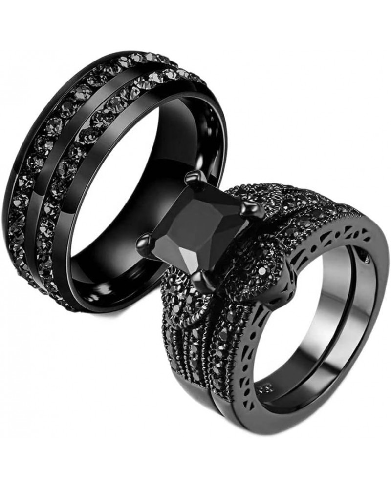 Couple Ring His Hers Women Black Gold Filled Cz Men Stainless Steel Bridal Sets Wedding Band Women's size 8 & Men's size 12 $...