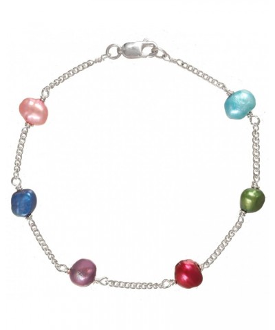 Sterling Silver Chain Bracelet with Multi-colored Dyed (5.5-6mm) Baroque Cultured Freshwater Pearl Tin-cup Style, 7" for Men,...