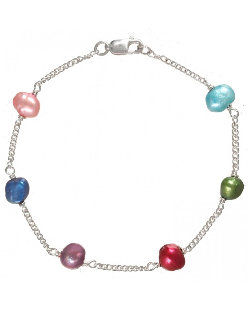 Sterling Silver Chain Bracelet with Multi-colored Dyed (5.5-6mm) Baroque Cultured Freshwater Pearl Tin-cup Style, 7" for Men,...