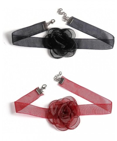 Bohemian Lace Camellia Flower Collar Choker Necklace Soft White Black Red Rose Flower Tie Cravat Velvet Wristband Necklace fo...