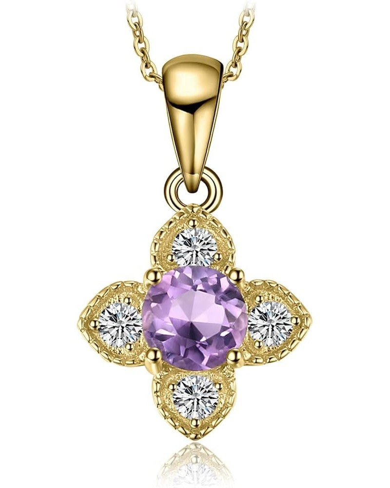 Flower Love Heart Round Natural Amethyst Pendant Neckalce for Women, 14k White Yellow Rose Gold Plated 925 Sterling Silver Ne...