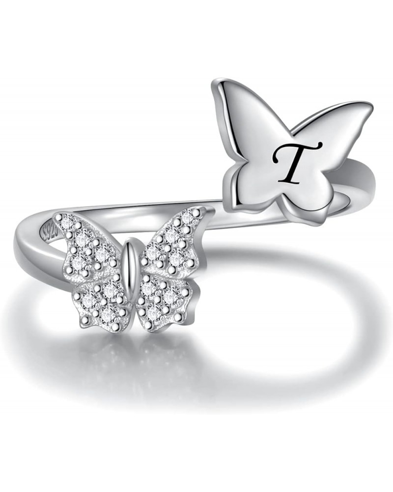 Silver Butterfly Stackable Initial Ring Capital Letter Rings Jewelry Gifts for Women Girls Teen T $11.27 Rings