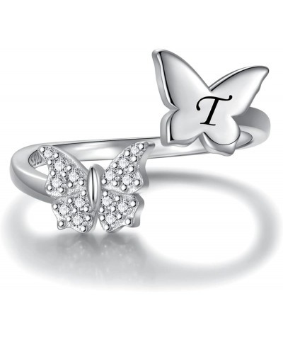 Silver Butterfly Stackable Initial Ring Capital Letter Rings Jewelry Gifts for Women Girls Teen T $11.27 Rings