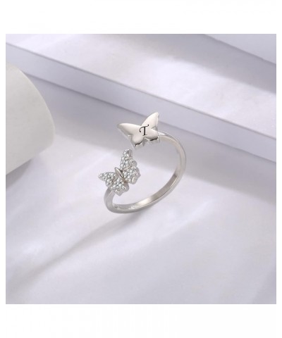 Silver Butterfly Stackable Initial Ring Capital Letter Rings Jewelry Gifts for Women Girls Teen T $11.27 Rings