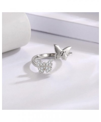 Silver Butterfly Stackable Initial Ring Capital Letter Rings Jewelry Gifts for Women Girls Teen T $11.27 Rings