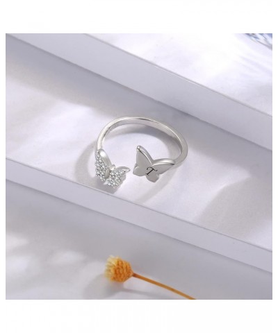 Silver Butterfly Stackable Initial Ring Capital Letter Rings Jewelry Gifts for Women Girls Teen T $11.27 Rings