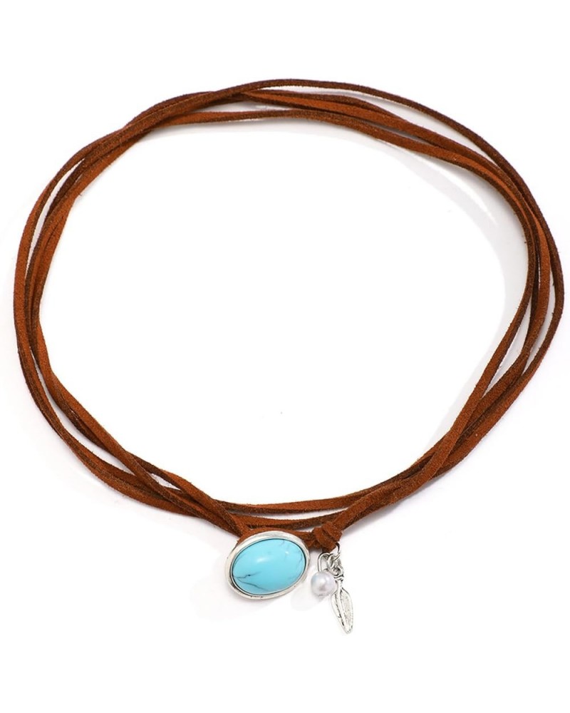 Boho Suede Turquoise Pendant Choker Necklace Brown Leather Western Jewelry Gifts for Women Girls Christmas Layered Bohemian B...