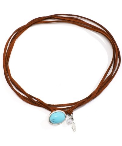 Boho Suede Turquoise Pendant Choker Necklace Brown Leather Western Jewelry Gifts for Women Girls Christmas Layered Bohemian B...