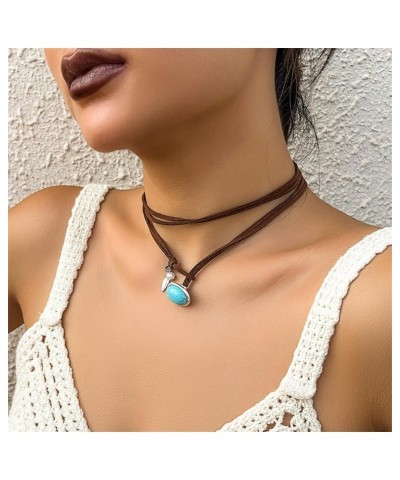 Boho Suede Turquoise Pendant Choker Necklace Brown Leather Western Jewelry Gifts for Women Girls Christmas Layered Bohemian B...